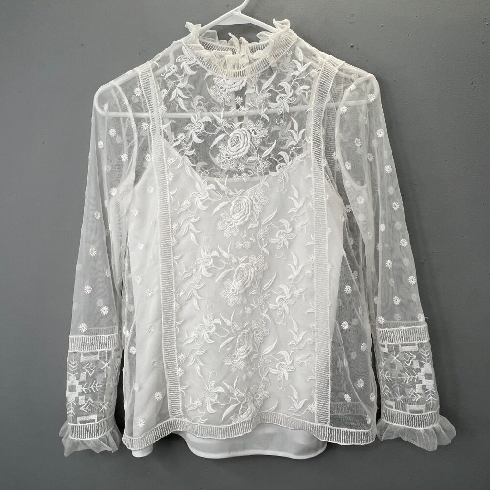 Joie Jaelin Revolve Top XS Porcelain White Lace High Neck Layered Cami Ruffle